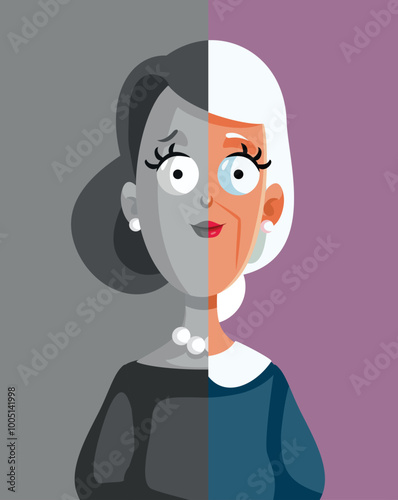 Young and Old Female Character Comparison Vector Image. Nostalgic memories of once youthful lady now aging gracefully 
