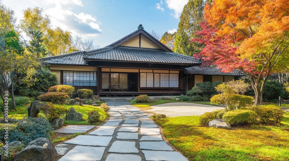 Tranquil Japanese Garden with Traditional House Tranquil Japanese Garden with Traditional House