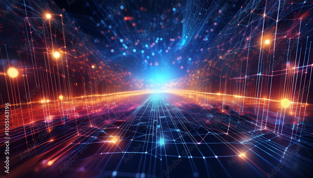 A vibrant digital landscape showcasing streams of light and data, creating a futuristic, technological atmosphere. A vibrant digital landscape showcasing streams of light and data, creating a futuristic, technological atmosphere.