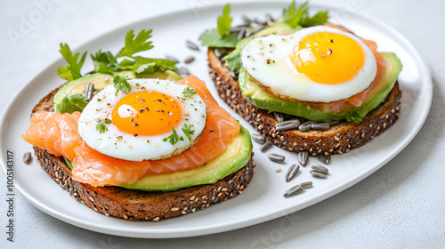 Healthy open-faced sandwiches on multigrain toast with avocado, salmon, eggs, herbs, sunflower seeds on white plate on concrete background, a plate with a sandwich and a fried egg on it with avocado.