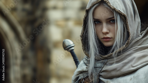 A young woman with long white hair and a piercing gaze, dressed in a hooded cloak, holding a sword in a medieval setting
