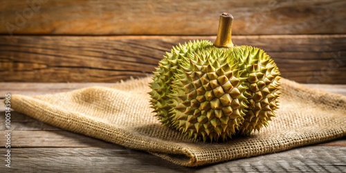 Fresh durian fruit on burlap sack and rustic wooden background, Durian, Kan yao, Durio zibthinus Murray, tropical fruit photo