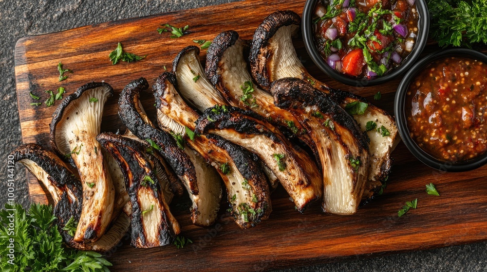 Grilled Mushrooms with Dipping Sauces on Wooden Board