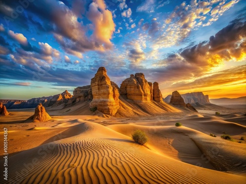 Vibrant desert landscape with majestic sandstone formations, sweeping sand dunes, and a serene blue sky at sunset, capturing the essence of a mystical ancient world.