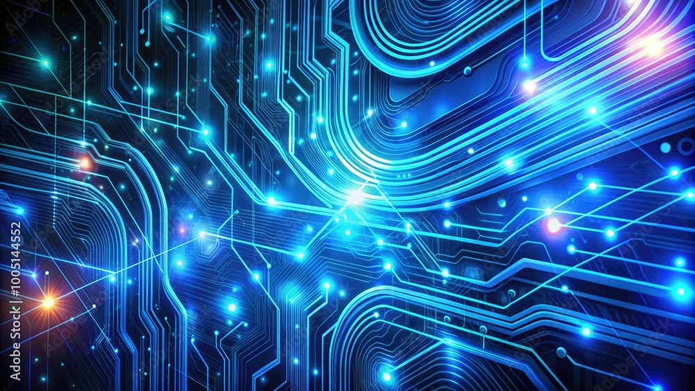 Fototapeta premium Vibrant digital abstract background featuring swirling neon blue circuits, glowing code lines, and subtle futuristic textures, ideal for modern tech and innovation-themed designs.