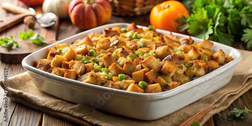 Traditional Thanksgiving stuffing casserole with diced celery, ready to be served , Thanksgiving, stuffing, bread