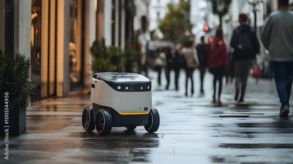 A delivery robot navigating a bustling urban street, showcasing modern technology in an everyday setting. A delivery robot navigating a bustling urban street, showcasing modern technology in an everyday setting.