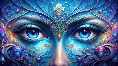 Vibrant digital illustration of a stylized pair of eyes with irises in shimmering shades of blue, surrounded by swirling patterns and delicate eyelashes. photo