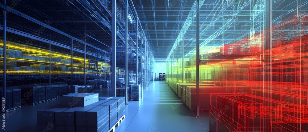 Futuristic warehouse with illuminated storage shelves highlighted in vibrant colors, showcasing advanced organization and efficiency. Futuristic warehouse with illuminated storage shelves highlighted in vibrant colors, showcasing advanced organization and efficiency.