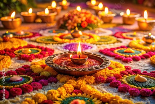 Vibrant diyas and candles illuminate a colorful rangoli-patterned floor, surrounded by festive flowers and decorations, capturing the essence of a joyful and sparkling Diwali celebration. photo