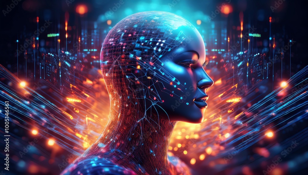A futuristic depiction of a humanoid figure with digital elements, showcasing a blend of technology and human-like features in a vibrant, glowing environment. A futuristic depiction of a humanoid figure with digital elements, showcasing a blend of technology and human-like features in a vibrant, glowing environment.