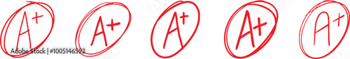 A plus grade icon set in red color. Score a+ school exam. Hand drawn grade a plus sign of students in the educational system