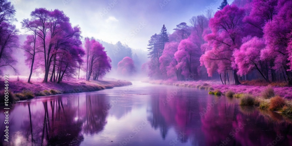 Fototapeta premium Landscape view of mystical forest with river flowing through tall purple leaves trees, enveloped in fog, mystical, forest, river