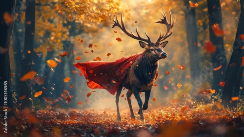 Majestic deer with large antlers decorated with autumn leaves