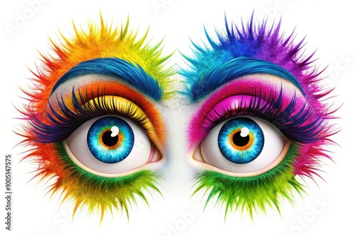 Vibrant, expressive, anthropomorphic eyes with colorful irises and eyelashes, bouncing with excitement, conveying playful curiosity, on a blank white background, ready for creative editing. photo