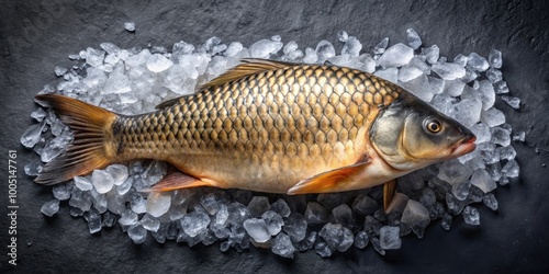 Chilled raw carp fish on ice, top view over black slate, raw, fresh, organic, seafood, fish, carp, dorado, sea bream