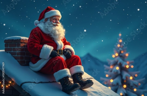 Santa Claus sitting on a snowy rooftop with twinkling stars at night and a decorated Christmas tree in the background photo