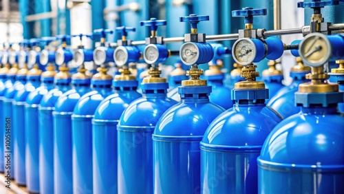 Blue oxygen tanks with high pressure gauges and valves for industrial use , blue, oxygen tanks, gas cylinders photo