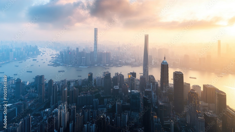 Fototapeta premium Aerial View of Urban Skyline at Sunset