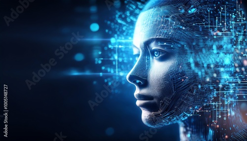 A futuristic digital face made of glowing particles, symbolizing the blend of technology and human identity in a cybernetic world.