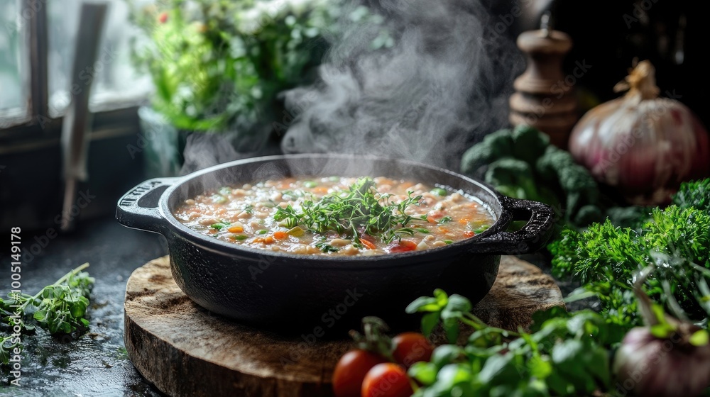 Fresh Vegetable Soup in Cast Iron Pot with Herbs Fresh Vegetable Soup in Cast Iron Pot with Herbs