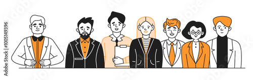 Business team members doodle line and color illustration. Professional managers company staff linear sketch vector people composition