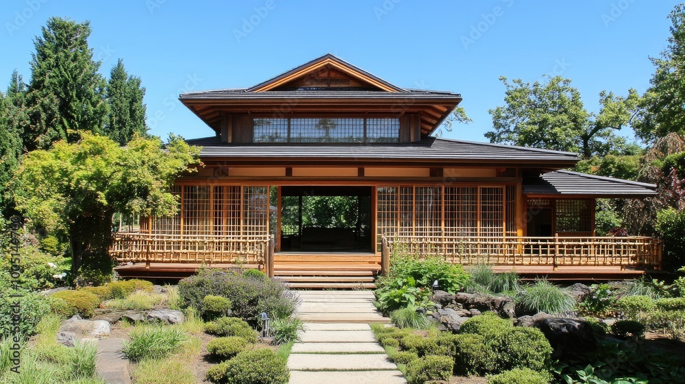 Tranquil Japanese Garden Pavilion in Summer Tranquil Japanese Garden Pavilion in Summer