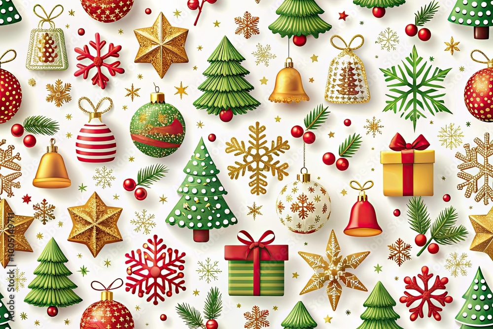 Vibrant festive icons including snowflakes, bells, trees, and decorated gifts in shades of red, green, and gold against a crisp white background. Vibrant festive icons including snowflakes, bells, trees, and decorated gifts in shades of red, green, and gold against a crisp white background.