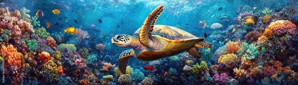Fototapeta premium Vibrant Coral Reef with Sea Turtle in High Fidelity