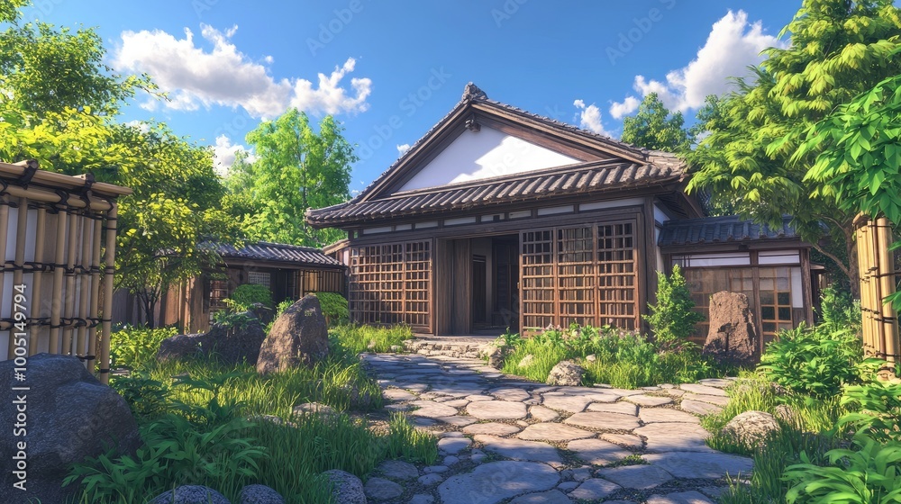 Tranquil Japanese Garden with Traditional Architecture Tranquil Japanese Garden with Traditional Architecture