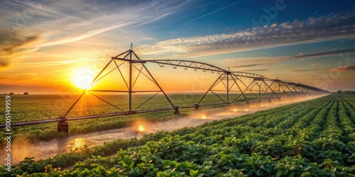 Irrigation system on soybean field at sunset in dry season, agriculture, irrigation, system, soybean, field, sunset