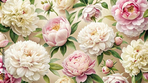 Vibrant floral pattern featuring pastel pink and white peonies on a soft, creamy background, adding a touch of elegance and sophistication to any space. photo