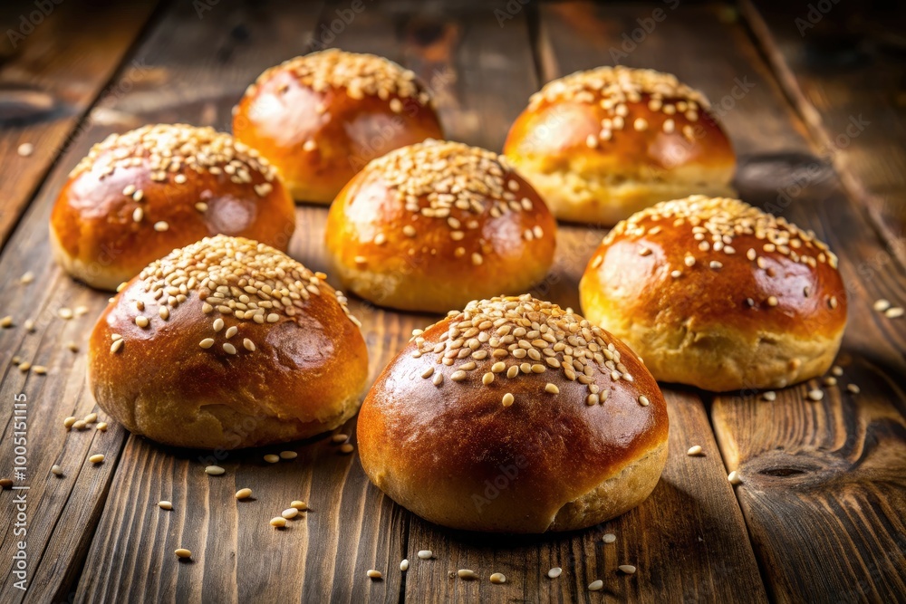 Vibrant, fluffy, golden-brown buns freshly baked in a row on a rustic wooden table, surrounded by scattered sesame seeds and a hint of warm sunlight. Vibrant, fluffy, golden-brown buns freshly baked in a row on a rustic wooden table, surrounded by scattered sesame seeds and a hint of warm sunlight.