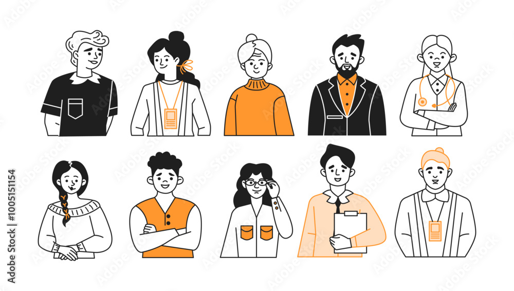 Various jobs avatars doodle line and color illustration set. Specialists in different industries linear sketch vector people collection Various jobs avatars doodle line and color illustration set. Specialists in different industries linear sketch vector people collection