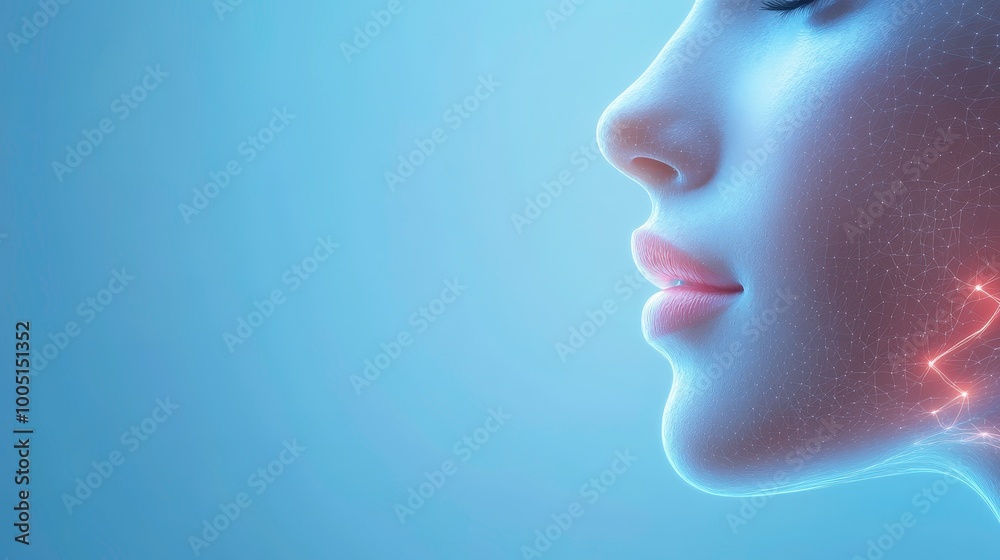 A woman's face is shown in a blue background with a red line on her chin