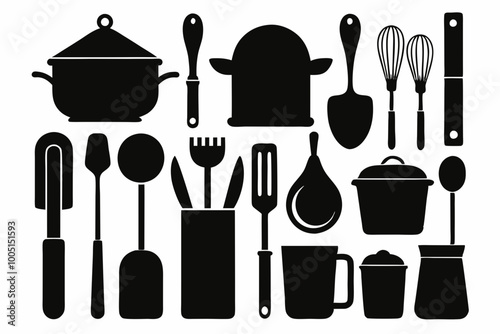 Kitchen utensil silhouette vector, Kitchen cutlery, utensil and cooking tools silhouette elements
