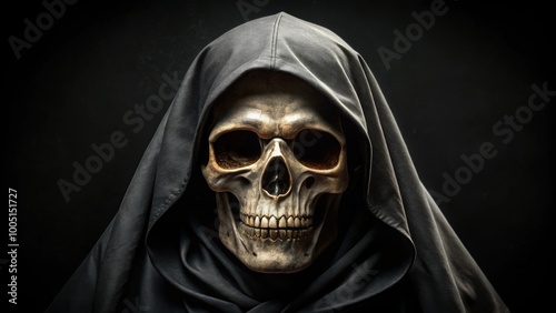 Spooky and intimidating human skull with a cloaked grim reaper on a black background, spooky, scary, human skull, grim reaper