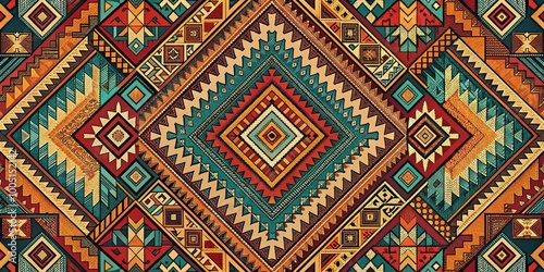 Vibrant geometric patterns and abstract shapes in earthy tones create a stunning tribal-inspired design, evoking a sense of ancient cultural heritage and mystique.