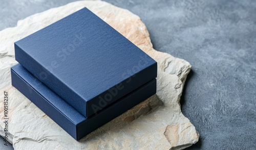 Elegant navy boxes stacked on a textured surface for packaging display.