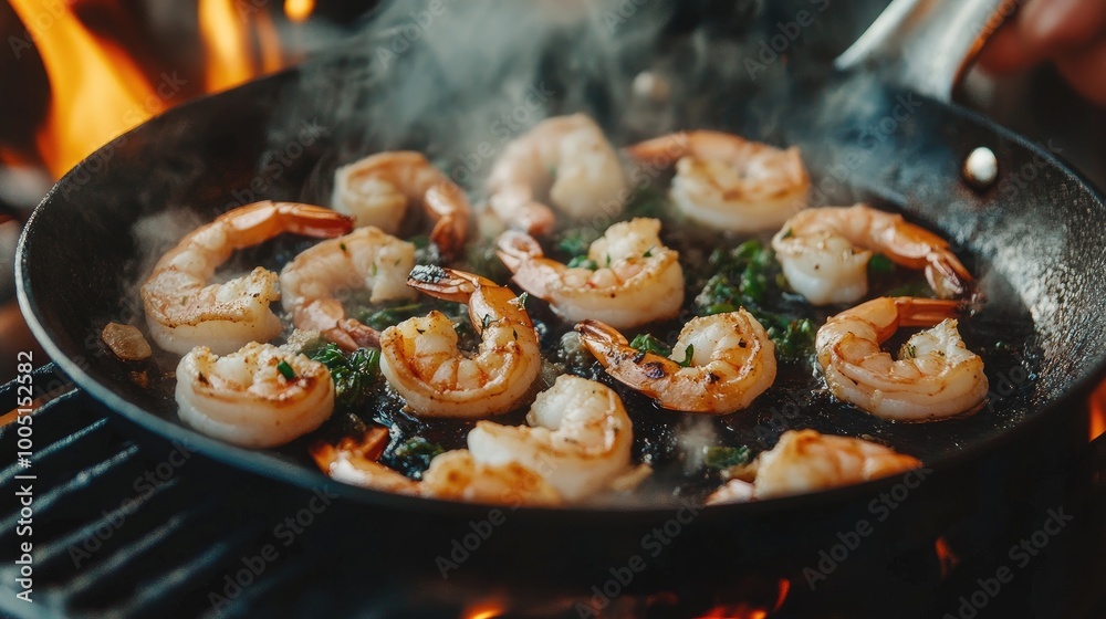 Grilled Shrimp Cooking in Pan Over Flames Grilled Shrimp Cooking in Pan Over Flames