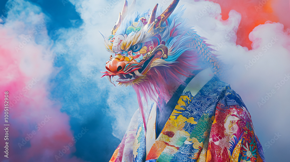 Fototapeta premium Hyper Realistic Dragon in Colorful Kimono