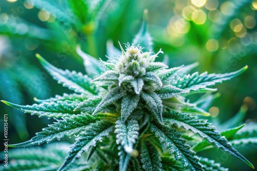 Vibrant green cannabis leaves with fuzzy buds and delicate THC crystals on a blurred, out-of-focus background, creating a soft, dreamy, and calming atmosphere.