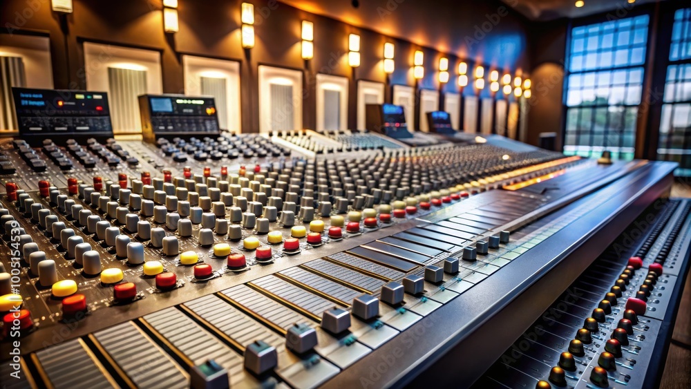 Fototapeta premium Podcast studio mixing desk with multiple sliders and knobs , Podcasting, recording, broadcasting