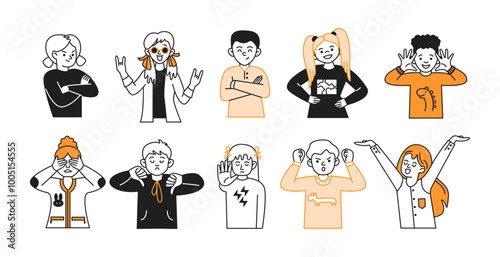 Children show various emotions with gestures vector icons set. Kids express different feelings with facial expressions on white background