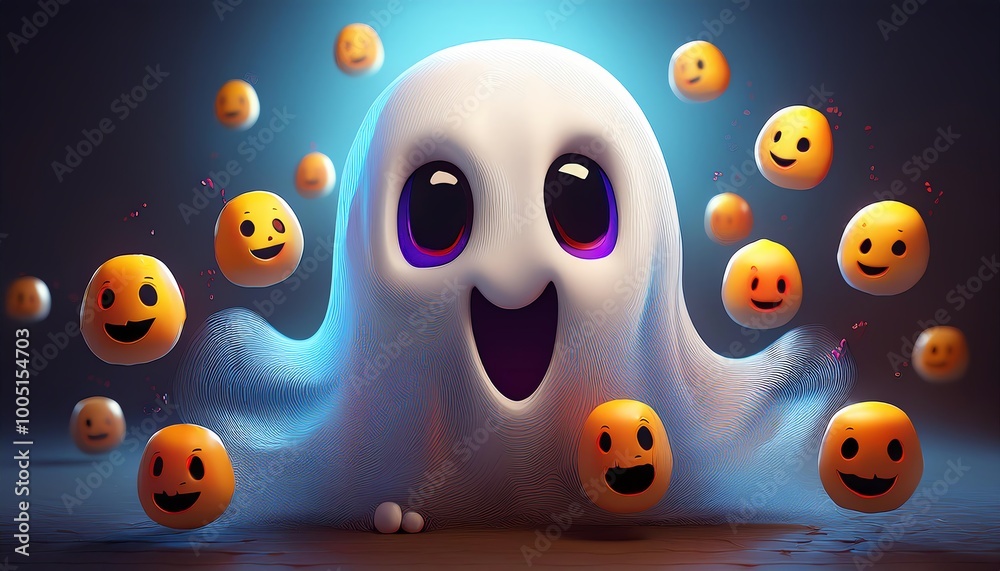 Naklejka premium A cute ghost with large eyes joyfully interacts with floating smiling orbs in a colorful, whimsical setting.