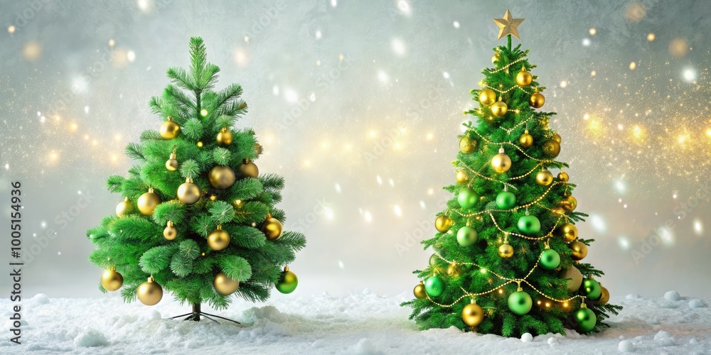 Vibrant green Christmas tree with sparkling golden ornaments and twinkling string lights against a soft, snowy white background, perfect for festive holiday decorations. Vibrant green Christmas tree with sparkling golden ornaments and twinkling string lights against a soft, snowy white background, perfect for festive holiday decorations.