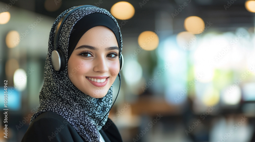 Young smiling woman wearing earphones, headphones Young smiling woman wearing earphones, headphones