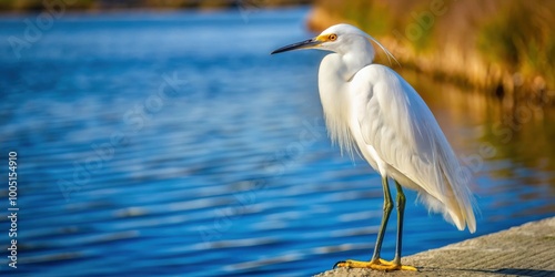 Snowy egret perched gracefully by calm waterside, snowy egret, perched, white bird, wildlife, nature, water photo