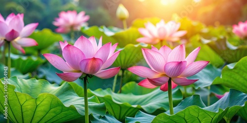 Beautiful pink Lotus Flowers in early stages of blooming , nature, flora, petals, water lily, pond, serene, delicate, blossoming