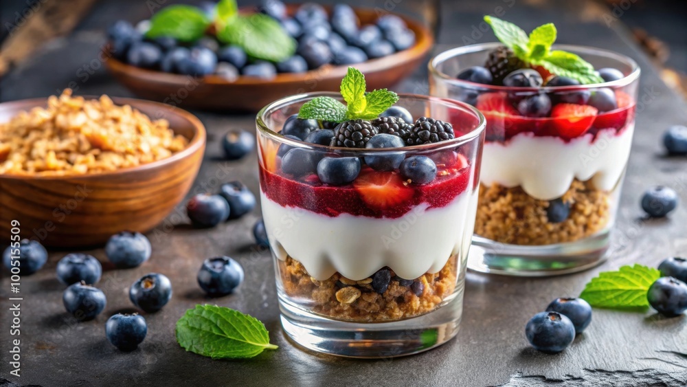 Homemade granola with greek yogurt, berries jam and fresh blackberries and blueberries in glasses, Granola, greek yogurt Homemade granola with greek yogurt, berries jam and fresh blackberries and blueberries in glasses, Granola, greek yogurt